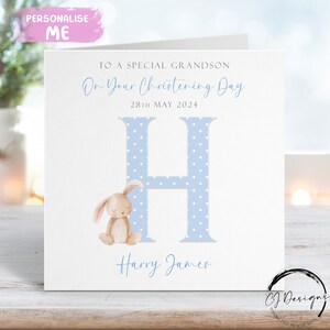 Tarjeta de bautizo personalizada para nieto, con inicial y fecha, tarjeta de felicitación de conejito, recuerdo de bautizo para él.