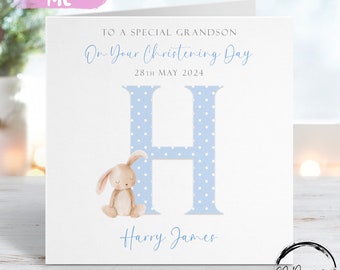 Personalised Grandson Christening Card, Initial Name and Date Bunny Greeting Card, Christening Day Keepsake For Him