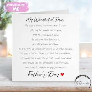 Pops Gedicht Vatertagskarte, - My Pops ist eine Heldenverskarte mit rotem Herzen JEDE BEWORTUNG kleine oder große Karte