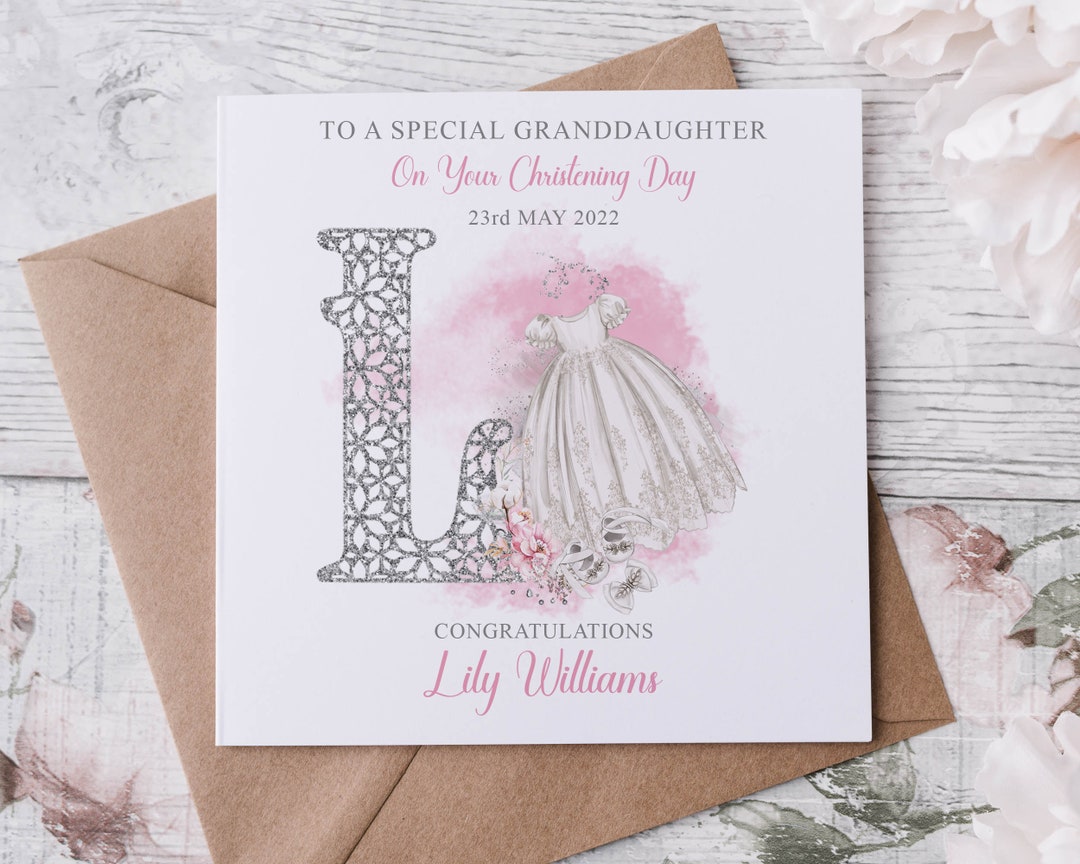 Personalised Granddaughter Christening Card, Initial Name and Date
