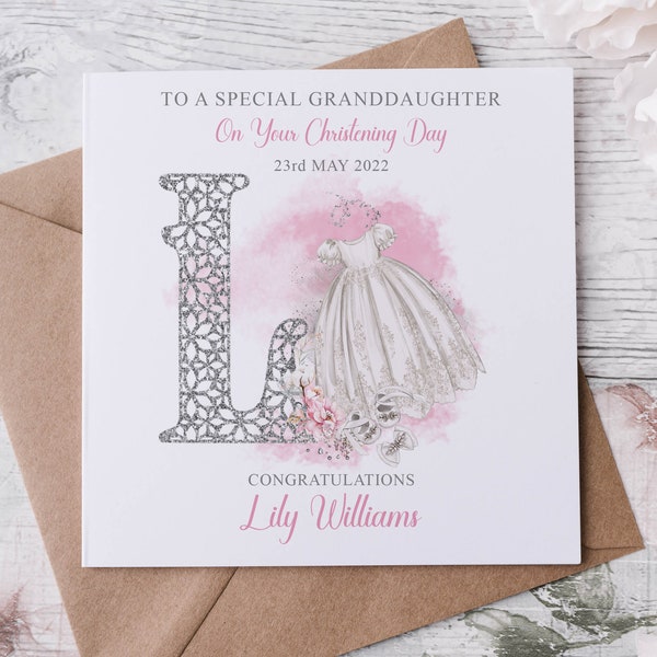 Personalised Granddaughter Christening Card, Initial Name and Date Greeting Card, Christening Day Keepsake