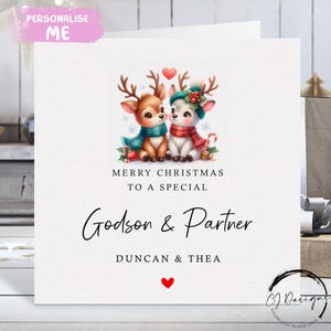 Carte de Noël personnalisée filleul et partenaire - Carte de couple amoureux des rennes et coeur rouge