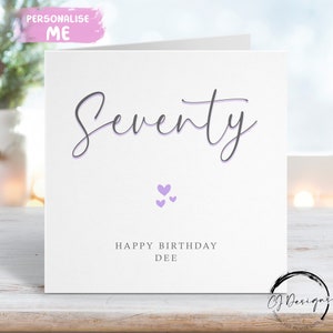 Carte d'anniversaire personnalisée 70e - carte de voeux calligraphie imprimée violet et gris tout âge 16e 18e, 21e, 30e 50e 40e, 60e, 80e, 90e,