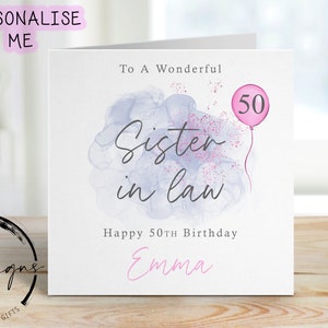 Carte d'anniversaire personnalisée belle-soeur - design bleu/rose avec ballon rose - carte pour elle, tous âges et noms-30-40 ans 50-60 ans