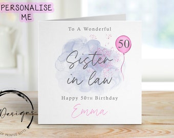 Personalised Sister in law  Birthday Card - Blue/Pink Design with Pink Balloon - Card For Her, Any Age and Name -30th-40th 50th 60th