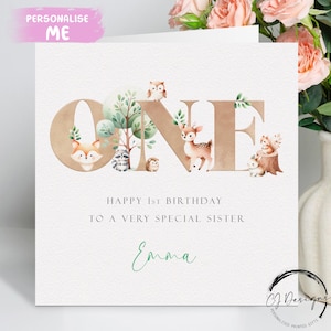 Carte d'anniversaire personnalisée pour le premier anniversaire d'une soeur, des animaux de la forêt, sur un thème neutre - 1er anniversaire