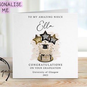 Gepersonaliseerde afstudeerkaart nichtje - met muts en rol - naam en universiteitskaart To My/To Our Gold Theme Cake/Ballonnen Geweldige nicht