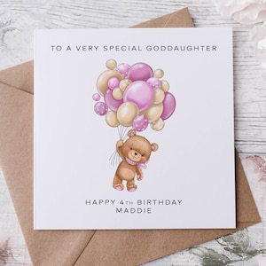 Personalisierte Patentochter Geburtstagskarte Teddybär und rosa Luftballons Name & Alterskarte für sie
