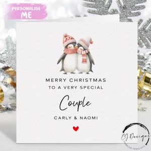 Tarjeta navideña personalizada para pareja: tarjeta con pingüinos y corazón rojo