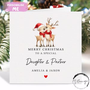 Gepersonaliseerde kerstkaart voor dochter en partner - kaart liefdevol rendierpaar en rood hart