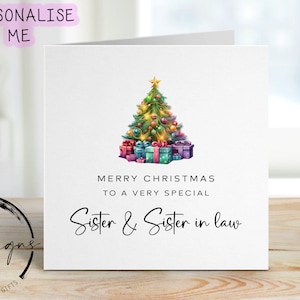 Carte de Noël spéciale pour belle-soeur et belle-soeur, arbre de Noël avec cadeaux colorés