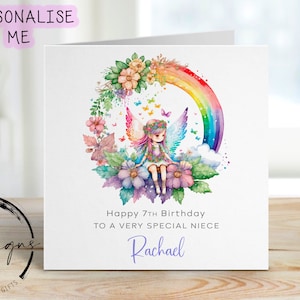 Personalisierte Nichte Fee Geburtstagskarte mit Name & Alter - Blumen-Regenbogen-Kranz-Karte für Sie 1. 2. 3. 4. 5. 6. 7. 8. 9