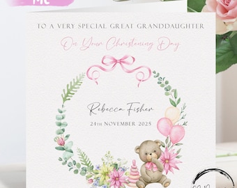 Carte de baptême personnalisée arrière-petite-fille, ours en peluche à cadre floral rose/vert