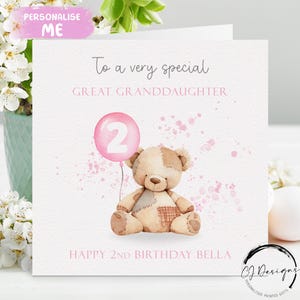 Carte d'anniversaire personnalisée arrière-petite-fille ours - mignon nounours avec ballon rose tous âges et prénoms pour elle 1er 2e 3e 4e 5e 6e 7e