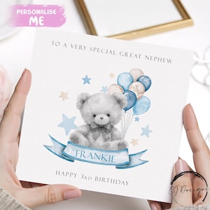 Carte d'anniversaire personnalisée ours neveu - mignon nounours avec des ballons bleus, tout âge et nom pour petit garçon 1er 2e 3e 4e 5e 6e 7e