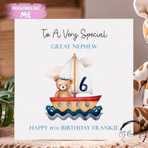 Cartão de aniversário personalizado para sobrinho-neto, ursinho de pelúcia, marinheiro com tema de barco, nome e idade - QUALQUER IDADE 1º 2º 3º 4º 5º 6º 7º 8º 9º 10º