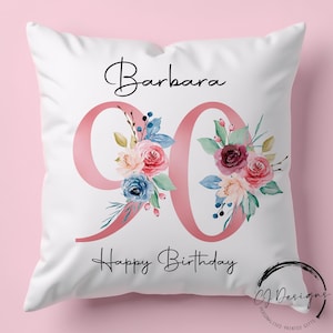 Personalised 90th Birthday Milestone Cushion, 30th 40th 50th 60th 70th 80th 100th Birthday Gift for Her, Floral Pillow for Mum Nan Grandma