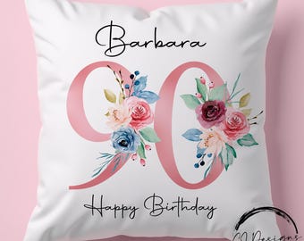 Personalised 90th Birthday Milestone Cushion, 30th 40th 50th 60th 70th 80th 100th Birthday Gift for Her, Floral Pillow for Mum Nan Grandma