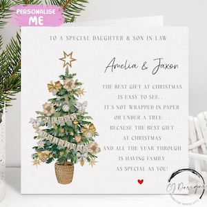 Cartão de Natal personalizado com poema de filha e genro - Cartão de Natal - Cartão de casal de árvore e coração vermelho e nomes