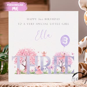 "Personalisierte dritte Geburtstagskarte für kleines Mädchen ""Lila Fee"" Geburtstagskarte - kleines Mädchen 3. Geburtstag drei."