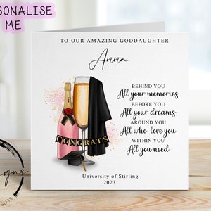 Biglietto di laurea personalizzato per la figlioccia - con tocco, toga e champagne rosa - nome e università per la mia/la nostra fantastica figlioccia