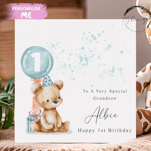 Cartão de aniversário personalizado para neto ursinho de pelúcia - urso fofo com balão azul Qualquer idade e nome 1º 2º 3º 4º 5º 6º 7º 8º 9º 10º