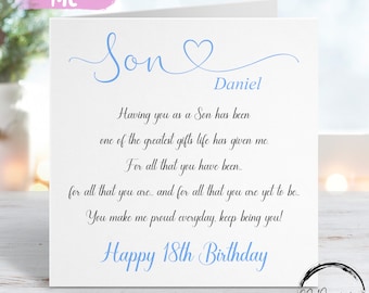 Tarjeta de cumpleaños personalizada para hijo- Poema, Tarjeta de cotización- Tarjeta de recuerdo CUALQUIER EDAD 16 18 21 30 40 50 60