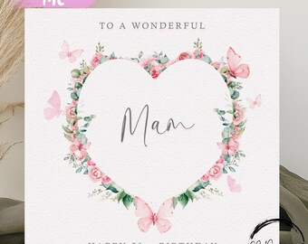 Birthday Card For Mam, Personalised Pink Flower, Butterfly Heart Frame Any Age
