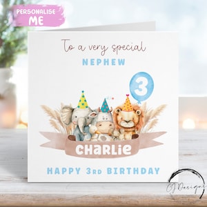 Cartão de aniversário personalizado para sobrinho Tema de festa de animais Nome e idade - Para ele QUALQUER IDADE 1º 2º 3º 4º 5º 6º 7º 8º 9º 10º