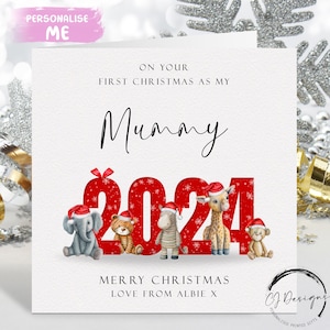 Carte de Noël maman personnalisée 2024 - Premier Noël avec animaux de safari comme carte