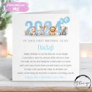 Cartão de aniversário personalizado Dadaji - Nome/IDADE Tema Blue Jungle Primeiro aniversário como meu poema QUALQUER PALAVRA 1º 40º 50º 60º 65º 70º 75º 80º