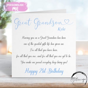 Biglietto di compleanno personalizzato per pronipote - Poesia, biglietto con citazione - Biglietto ricordo QUALSIASI ETÀ 16° 18° 21° 30° 40° 50° 60°