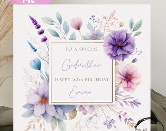 Carte d'anniversaire personnalisée avec cadre fleuri rose, violet et bleu pour tous les âges