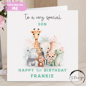 Cartão de aniversário personalizado para filho com nome de animais do Safari e qualquer idade - para menino 1º, 2º, 3º, 4º, 5º, 6º, 7º, 8º, 9º e 10º