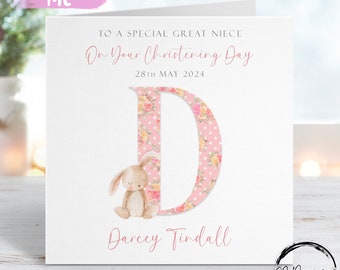 Personalised Great Niece Christening Card, Initial Name and Date Bunny Greeting Card, Christening Day Keepsake For Her