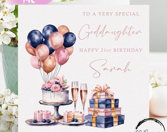 Birthday Card For Goddaughter Personalised Rose Gold, Pink, Blue Gift & Balloons Any Age