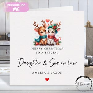 Biglietto di Natale personalizzato per figlia e genero - Biglietto con coppia di renne amorevoli e cuore rosso