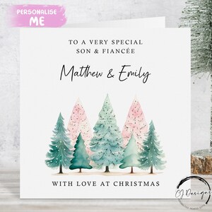 Biglietto di Natale personalizzato per figlio e fidanzato Alberi di Natale rosa e verdi con nomi Biglietto di Natale per coppia