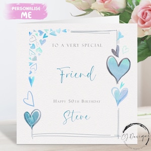 Carte d'anniversaire personnalisée avec cadre en forme de coeur bleu pour tous les âges/noms : 18ème 21ème 25ème 30ème 35ème 40ème 40ème 50ème 60ème 65ème 70ème 75ème 80ème 90ème