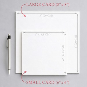 two different sizes of cards, with a pen and a ruler placed next to them. The larger card is labeled as a "Large Card (8" x 8") and the smaller card is labeled as a "Small Card (6" x 6") based on the provided dimensions.