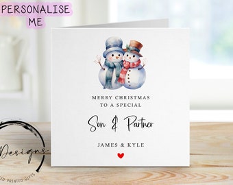 Personalised Special Son & Partner Christmas Card -Snowman Couple Card and Red Heart