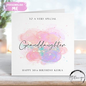 Personalisierte Geburtstagskarte für Enkelin Rosa, Lila & Grün Splash Design Jedes Alter 14.15.16.18.19.20.21.30.40.50.60