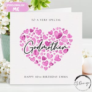 Tarjeta de cumpleaños personalizada para madrina, corazones rosas CUALQUIER TEXTO/EDAD/Nombre 30, 40, 45, 50, 60, 65, 70, 75, 80, 85, 90, 95, 100