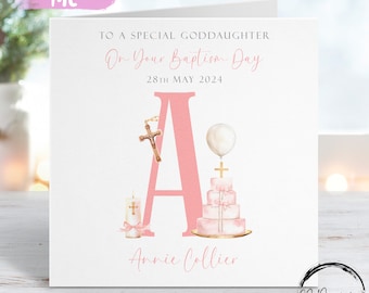 Personalised Goddaughter Baptism Card, Initial Name and Date Greeting Card, Baptism Day Keepsake For Her