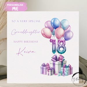 Carte d'anniversaire personnalisée pour petite-fille, tout âge/nom, ballons multicolores, nombres pastels 15e 16e 17e 18e 21e 25e 30e 40e 45e 50e
