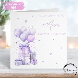 "Personalisierte Geburtstagskarte für Mama Lila / Lila Design Geschenk, Luftballons für jedes Alter 30 40 50 60 65 70 75 80 85 90 95