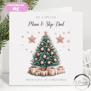 Weihnachtskarte für Mama und Stiefvater Eltern Roségold Farbe Thema Baum und Geschenke Paarkarte