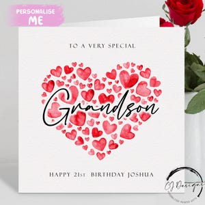 Carte d'anniversaire personnalisée petit-fils, coeurs rouges