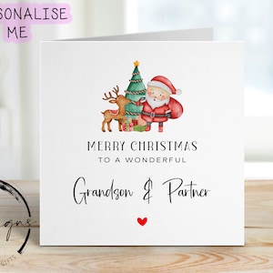 Biglietto di auguri di Natale per nipote meraviglioso e partner Albero di Natale con Babbo Natale e renne