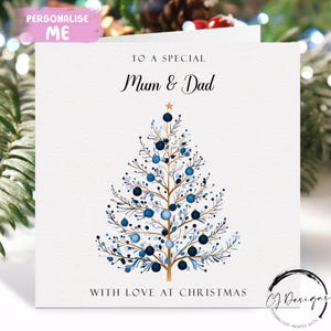 Mum & Dad Weihnachtskarte -Eltern Blau Minimal Thema Baum Paar Karte